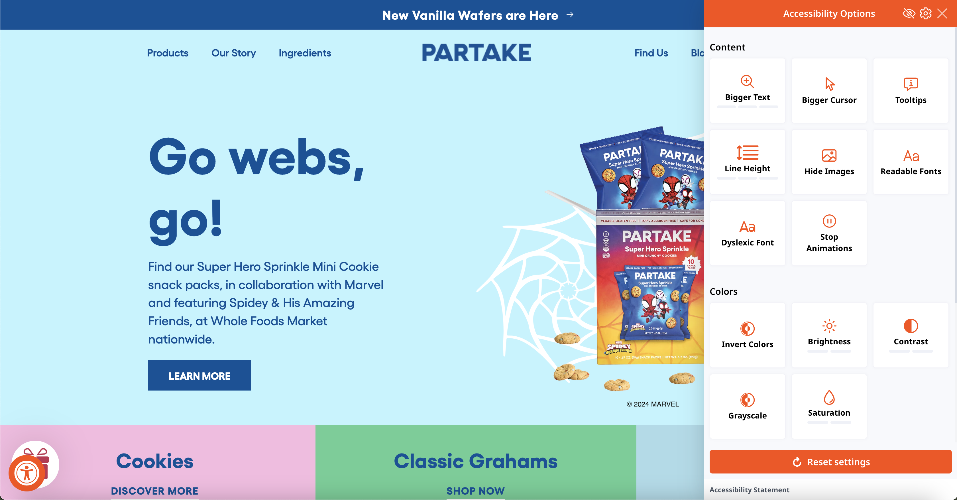 Screenshot of partake's website displaying accessibility tools options, illustrating perceivable web design.